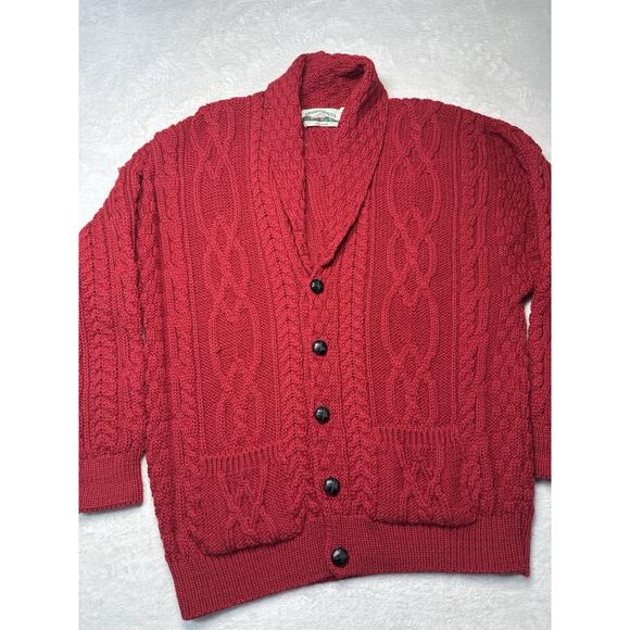 Aran Crafts Ireland Wool Cardigan Collar Cable Fisherman Knit Sweater Red Men L - Picture 11 of 12